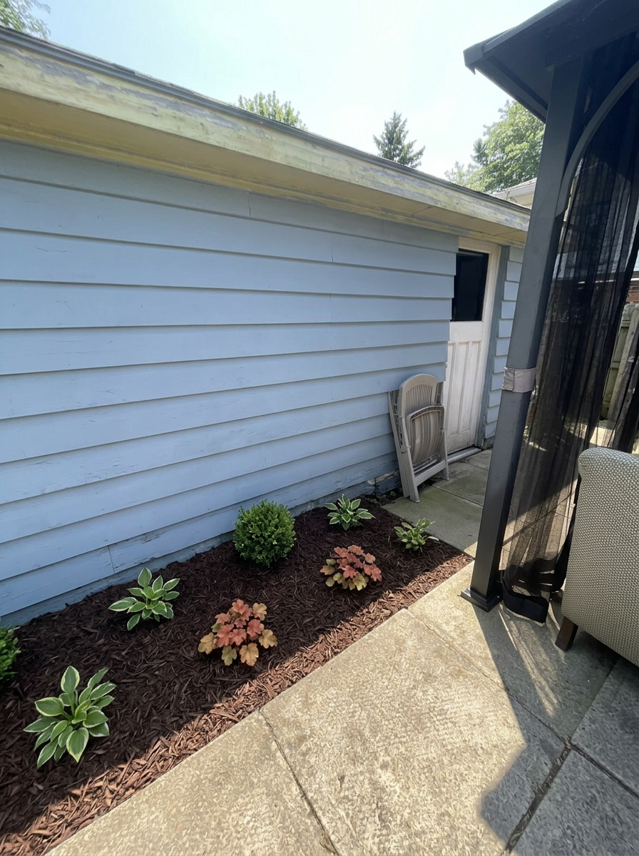 After: Side-yard overgrowth removal + fresh bed — London, ON